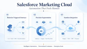 Salesforce Marketing Cloud infographic showing automated customer journeys, audience segmentation, and seamless business integrations.